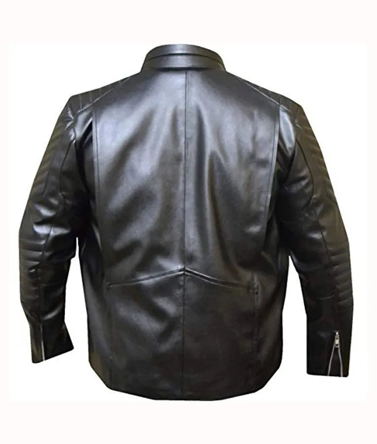 Black leather jacket shown from the back, featuring a high collar, vertical seam detailing, and zippered cuffs, displayed against a plain white background.