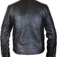 Black leather jacket shown from the back on a white background