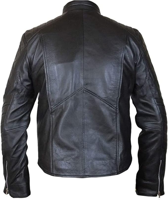 Black leather jacket shown from the back on a white background
