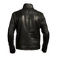 Black leather jacket shown from the back on a white background