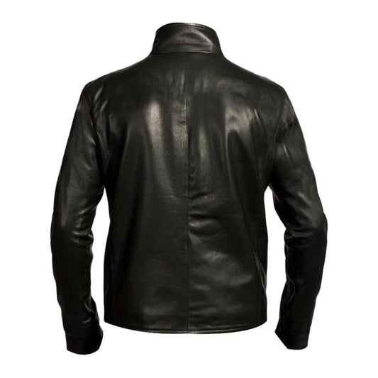 Black leather jacket shown from the back on a white background