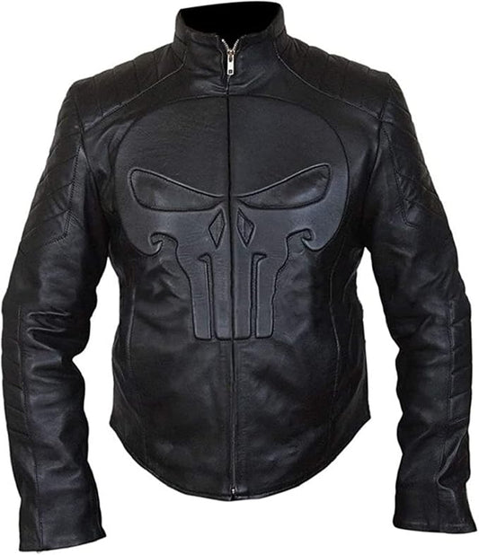 Black leather jacket with Punisher logo on a white background