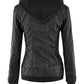 Black leather jacket with a hood on a white background