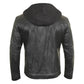 Black leather jacket with a hood on a white background