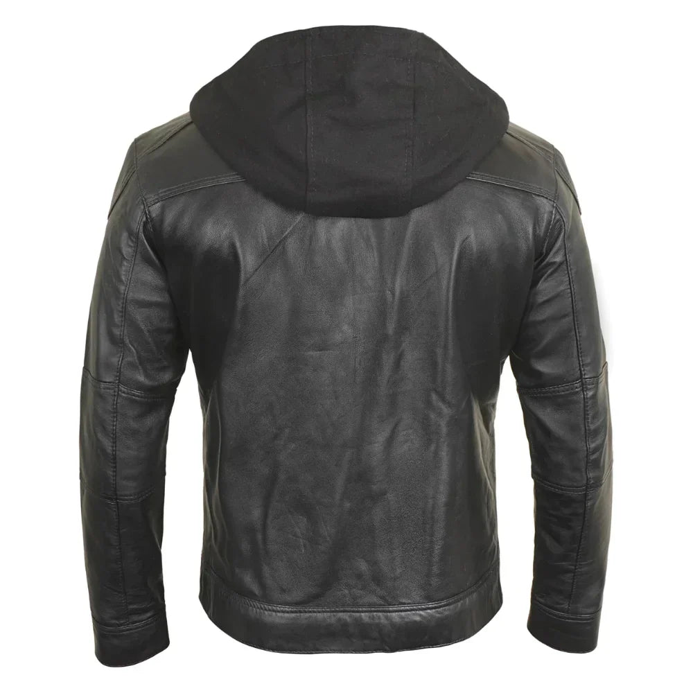 Black leather jacket with a hood on a white background