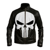 Black leather jacket with a white skull logo on a white background