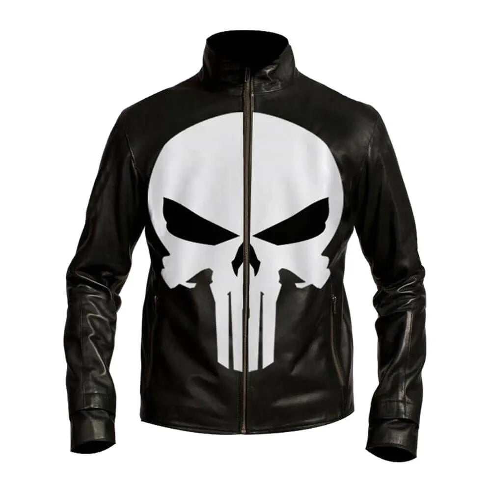 Black leather jacket with a white skull logo on a white background