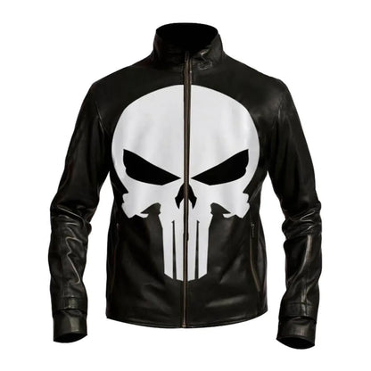 Black leather jacket with a white skull logo on a white background