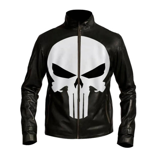 Black leather jacket with a white skull logo on a white background