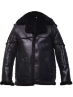 Black leather jacket with fur lining on a plain background