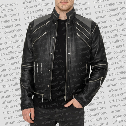 Black leather jacket with white accents on a gray background with 'urban collections' text.