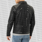 Black leather jacket with white stitching on a white background with 'urban collections' text.