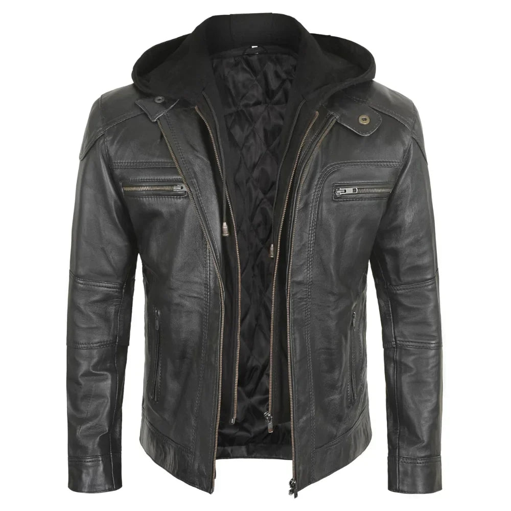 Black leather jacket with zippers on a white background