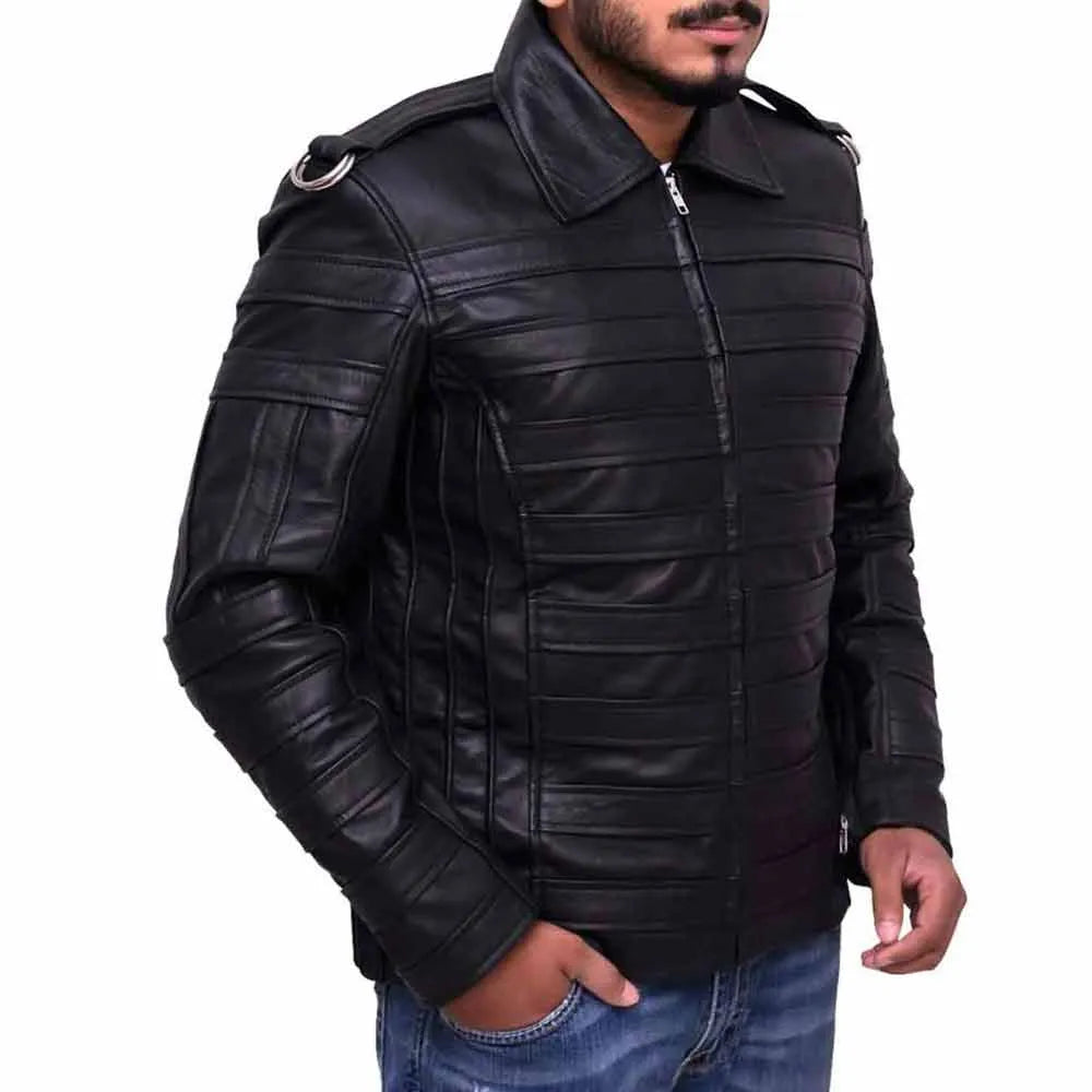 Black leather jacket worn by a person on a white .