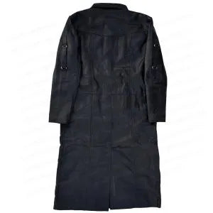 Black leather trench coat on a white background