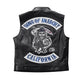 Black leather vest shown from the back, featuring large embroidered 'Sons of Anarchy' patches with a grim reaper graphic and 'California' text.
