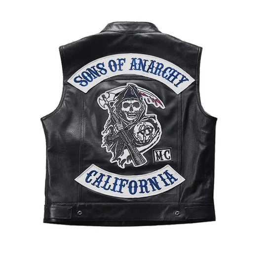 Black leather vest shown from the back, featuring large embroidered 'Sons of Anarchy' patches with a grim reaper graphic and 'California' text.