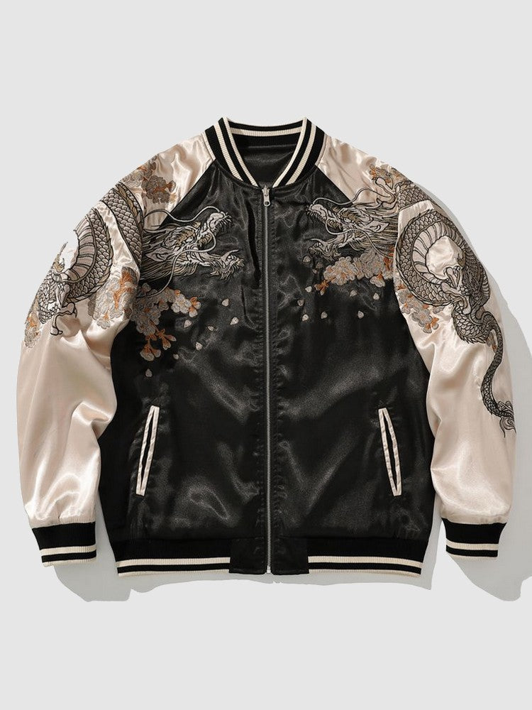 Black satin bomber jacket with dragon embroidery on a light gray background