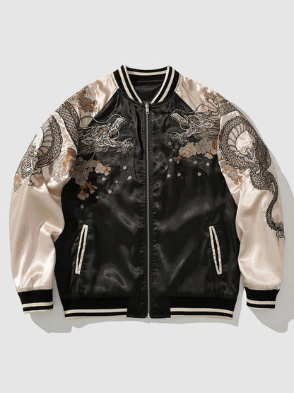 Black satin bomber jacket with dragon embroidery on a light gray background