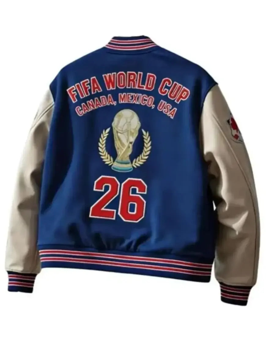 Blue and beige jacket with FIFA World Cup branding on a white background