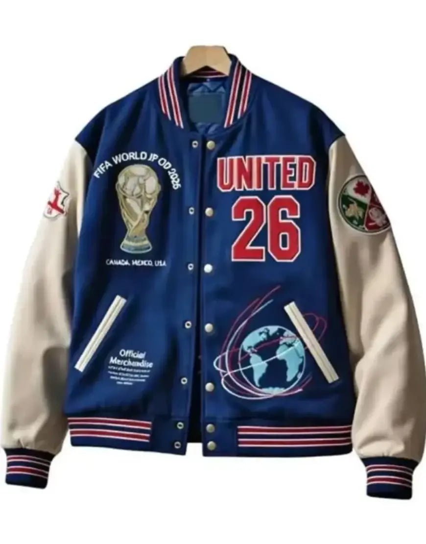 Blue and beige varsity jacket with various designs and text on a white background