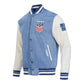 Blue and white varsity jacket with USA emblem on a white background
