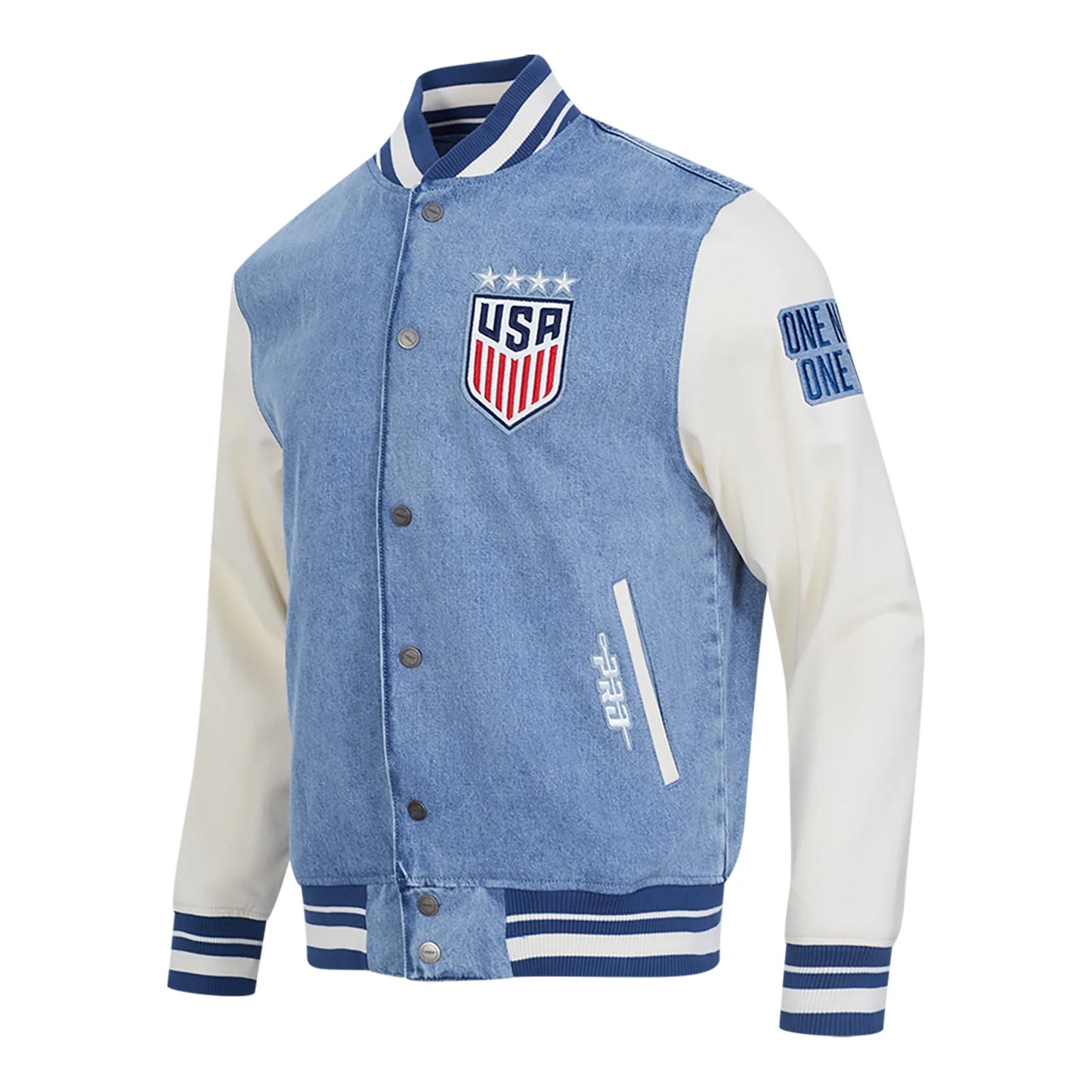 Blue and white varsity jacket with USA emblem on a white background