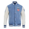 Blue and white varsity jacket with USA emblem on a white background