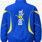 Blue jacket with 'Brasil' and a soccer player graphic on the back