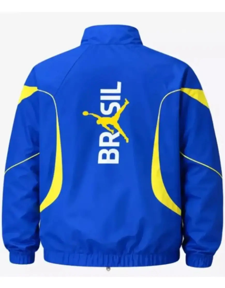 Blue jacket with 'Brasil' and a soccer player graphic on the back
