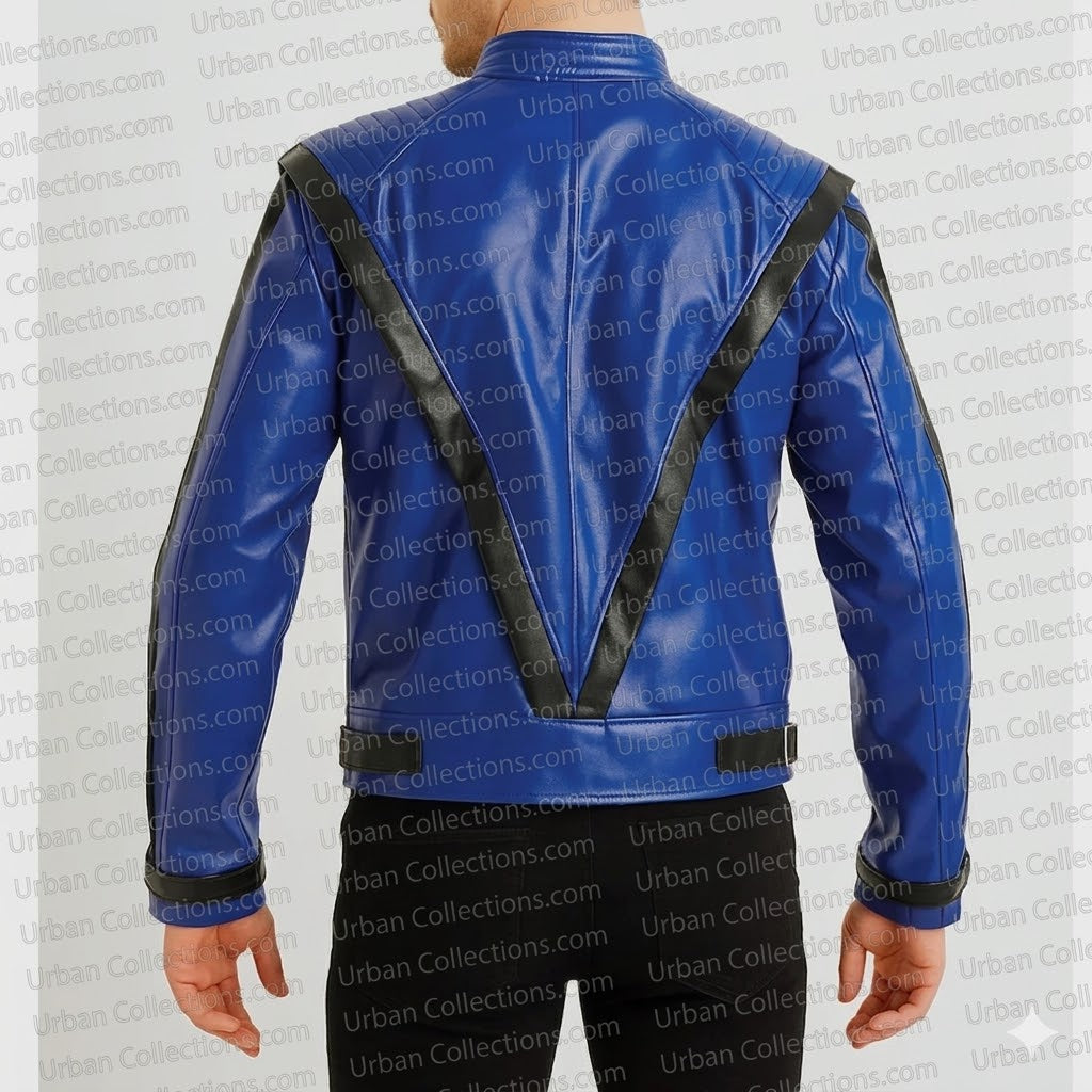 Blue jacket with black accents on a plain background