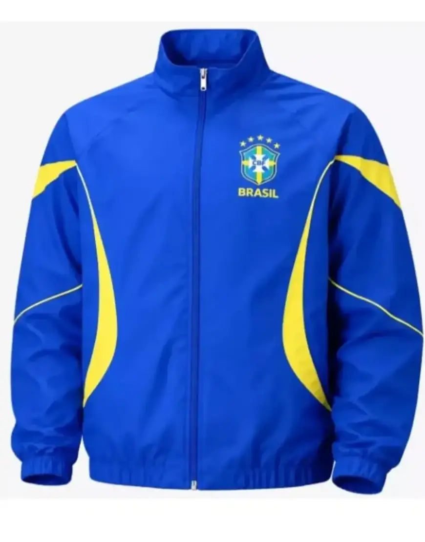 Blue jacket with yellow accents and 'Brasil' text on a white background