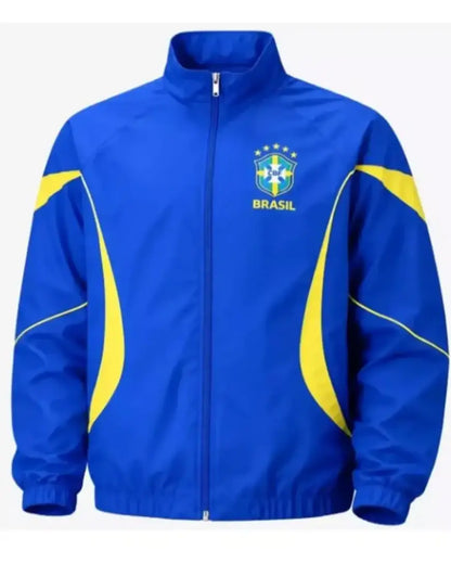 Blue jacket with yellow accents and 'Brasil' text on a white background