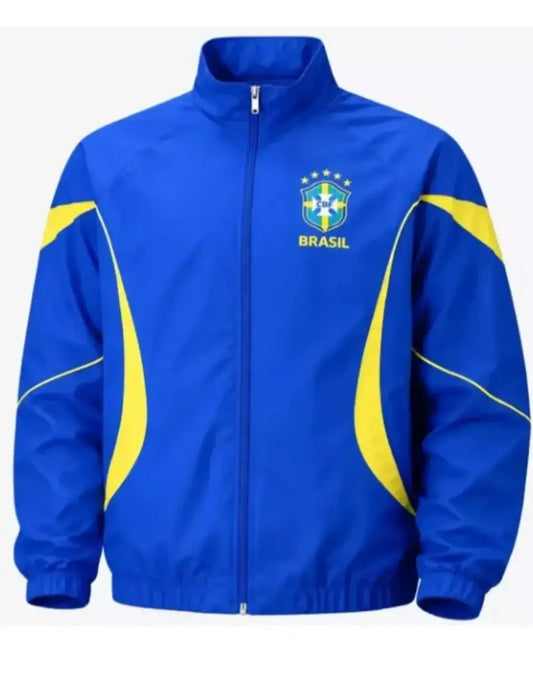Blue jacket with yellow accents and 'Brasil' text on a white background