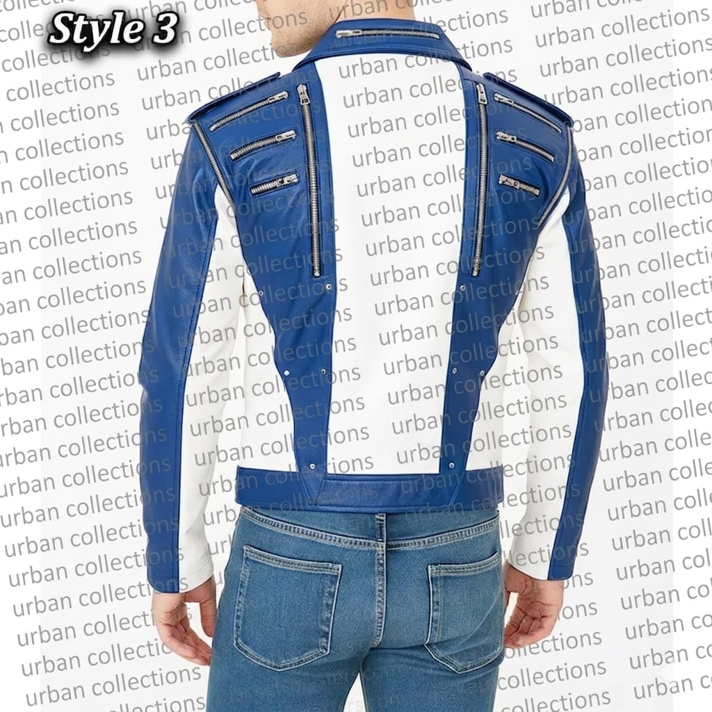 Blue jacket with zippers and suspenders on a white background with 'urban collections' text.
