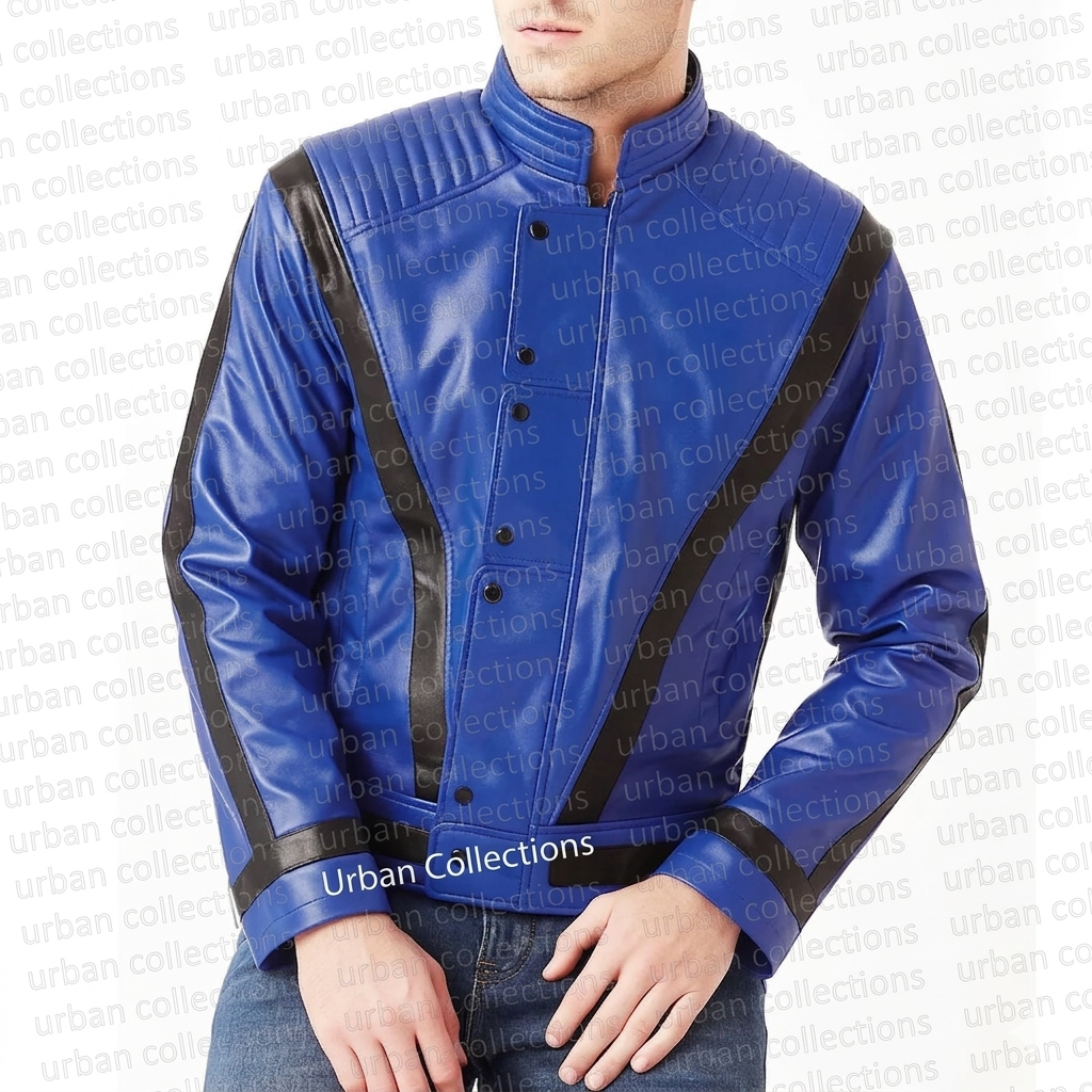 Blue leather jacket with black accents on a white background, featuring 'Urban Collections' branding.