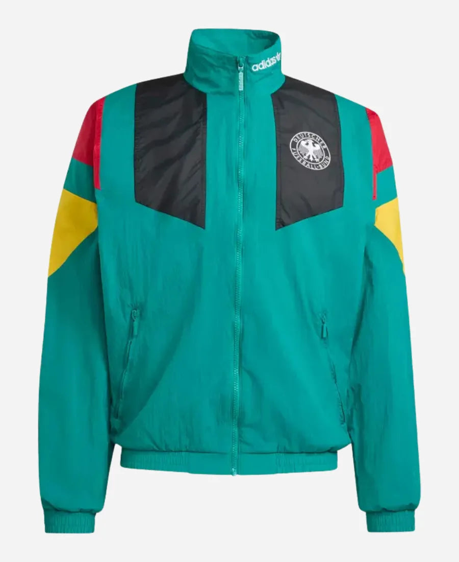 Colorful jacket with a brand logo on a white background