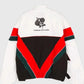 Colorful jacket with a rose design on the back against a white background