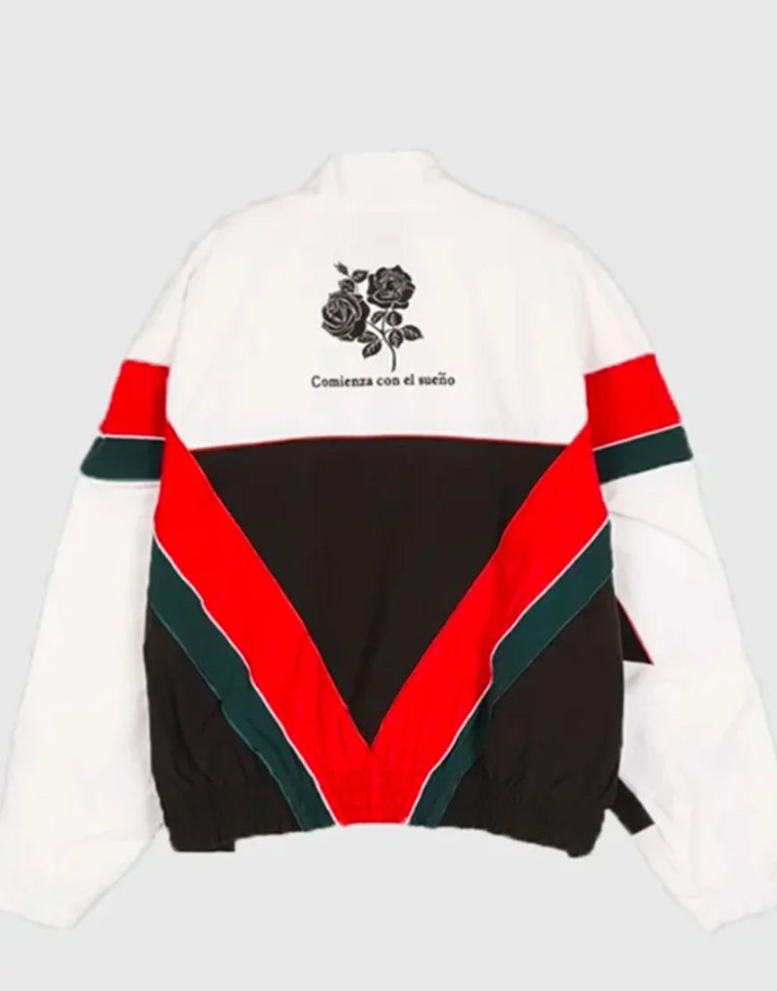 Colorful jacket with a rose design on the back against a white background