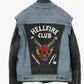 Denim jacket with 'Hellfire Club' patch on a dark background