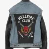 Denim jacket with 'Hellfire Club' patch on a dark background