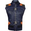 Denim vest with leather accents on a plain background