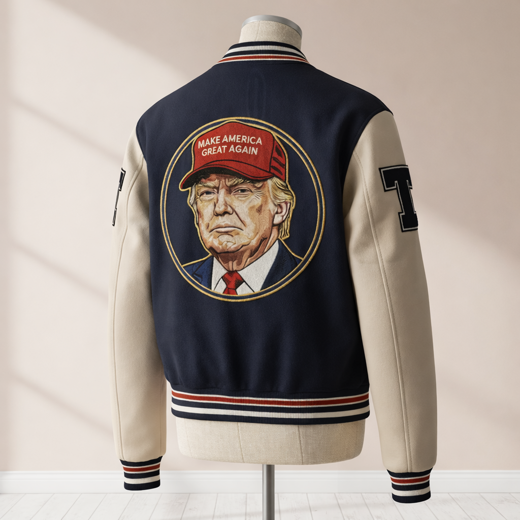 Embroidered Donald Trump Varsity Jacket – Patriotic Letterman Bomber