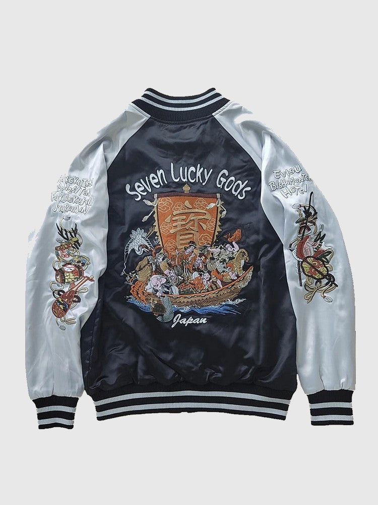 Embroidered jacket with 'Seven Lucky Gods' design on a light gray background