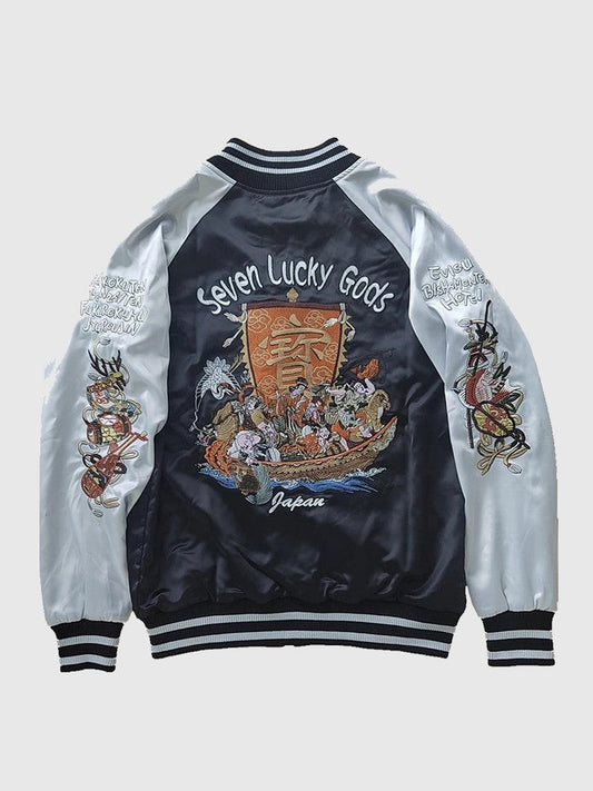 Embroidered jacket with 'Seven Lucky Gods' design on a light gray background