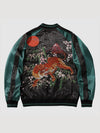 Embroidered jacket with a fox and mountain design on a light gray background