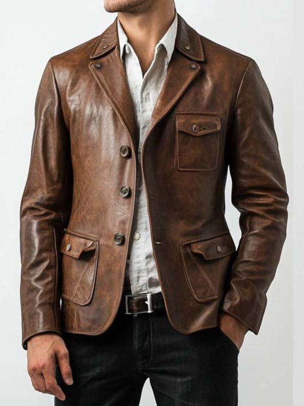 Ethan Distressed Brown Leather Blazer – Brown Leather Jacket