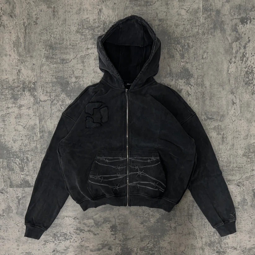 Ditch Barbed Wire Zip-Up Hoodie 🖤⚡ Recreated Edition