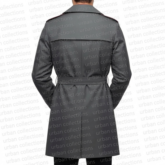 Gray trench coat on a white background with 'urban collections' branding.
