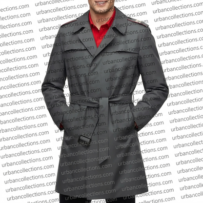 Gray trench coat with a red shirt underneath on a white background with 'urbancollections.com' watermark.
